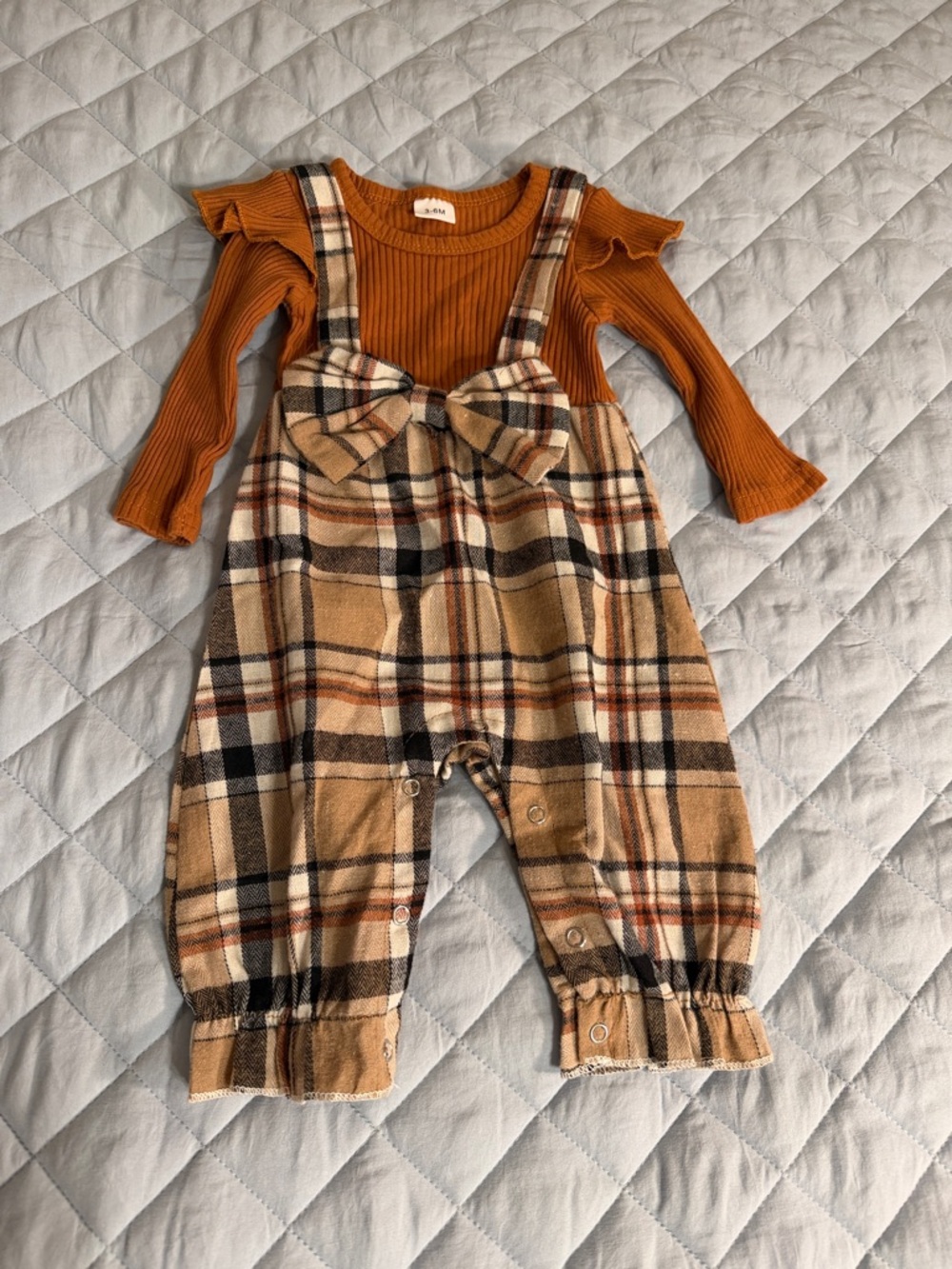 Girls Tan Plaid Bow Overalls with Rust Top